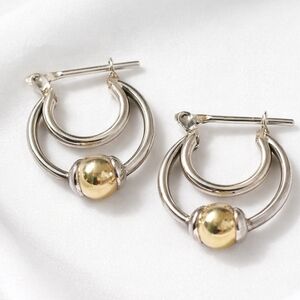 Italian 925 Sterling Silver Two-Tone Double Hoop Drop Earrings w/ 14k Gold Beads